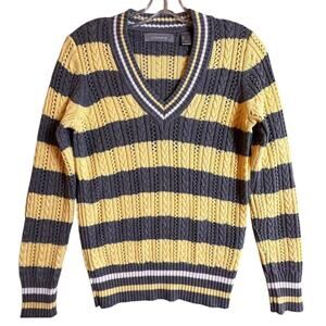 Vtg Liz Claiborne Women's Butter Yellow Gray Striped Cable Sweater Sz S Preppy